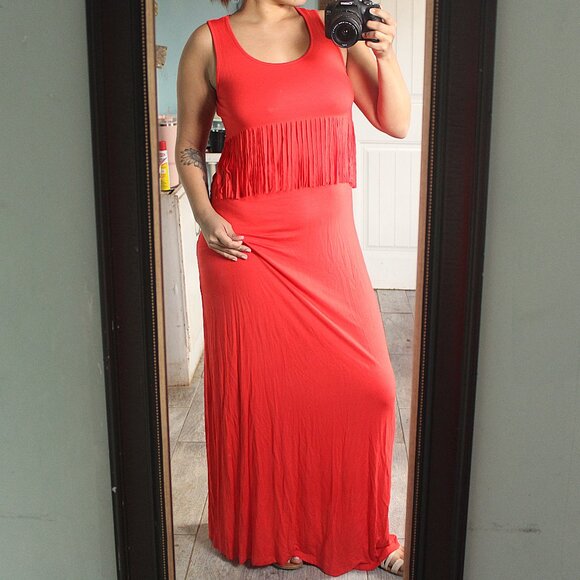 'Spense' NWOT red orange fringe pull over maxi dress - Picture 1 of 4